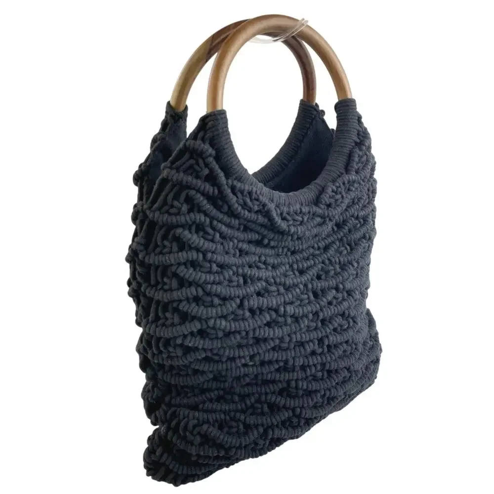 Sigrid Olsen Black Knit Hobo Bag with Wooden Handles